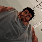  1boy bara beard black_hair dobek_k facial_hair feet_out_of_frame hairy highres large_pectorals looking_at_viewer looking_down male_focus manly mature_male meme muscular muscular_male nipples original pectorals red_eyes sam_(dobek_k) scar short_hair solo spiked_hair tank_top thick_eyebrows upper_body very_hairy yur_oc_like_this_(meme) 