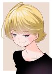  1girl black_shirt blonde_hair collarbone facing_down from_side hair_between_eyes looking_at_viewer naughty_face original shirt short_hair smile squinting upper_body yamanaka_kouji_(yanchiki2001) 