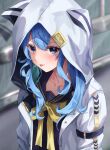  1girl absurdres black_shirt blue_eyes blue_hair blurry blush commentary_request depth_of_field highres hololive hood hood_up hooded_jacket hoshimachi_suisei hoshimachi_suisei_(school_uniform) jacket long_hair long_sleeves looking_at_viewer neckerchief open_clothes open_jacket sailor_collar shirt solo tongue tongue_out una_hirag upper_body virtual_youtuber white_jacket yellow_neckerchief 