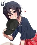  1girl :d antenna_hair baseball_cap black_hair black_headwear black_shirt blush breasts clothes_around_waist collarbone commentary emblem grin hair_between_eyes hat heart highres holding holding_clothes holding_hat idolmaster idolmaster_(classic) idolmaster_million_live! kikuchi_makoto leaning_forward looking_at_viewer parted_lips purple_eyes raimone26 red_shirt shirt shirt_around_waist short_hair short_sleeves sidelocks simple_background small_breasts smile solo unworn_headwear upper_body white_background white_shirt 