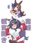  2girls animal_ears black_hair bow bowtie brown_hair claw_pose glasses green_eyes gym_uniform horse_ears jacket leg_lock long_hair multiple_girls nino_(ninouchi_irazu) open_mouth purple_eyes purple_shirt red_jacket rice_shower_(umamusume) school_uniform shirt sweatdrop thighhighs tongue tongue_out tracen_school_uniform translation_request umamusume undressing_another white_shirt white_thighhighs zenno_rob_roy_(umamusume) 