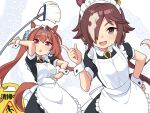  2girls alternate_costume animal_ears apron black_dress breasts brown_eyes brown_hair collared_dress daiwa_scarlet_(umamusume) dress enmaided hair_intakes hair_over_one_eye hand_on_own_hip horse_ears horse_girl horse_tail index_finger_raised looking_at_viewer maid maid_apron maid_headdress mop multiple_girls nino_(ninouchi_irazu) open_mouth red_eyes short_sleeves small_breasts smile tail tiara twintails umamusume upper_body vodka_(umamusume) wet_floor_sign wrist_cuffs 