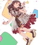  1girl bare_shoulders belly_chain black_bow black_bowtie black_sash blush bow bowtie breasts brown_eyes brown_hair crescent dress full_body grey_dress grey_footwear high_heels hoyaza1561 idolmaster idolmaster_million_live! idolmaster_million_live!_theater_days idolmaster_poplinks jewelry kitazawa_shiho long_hair looking_at_another medium_breasts multicolored_background open_mouth sash smile solo sparkle star_(symbol) white_wrist_cuffs wrist_cuffs 