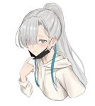  1girl :/ absurdres arm_at_side black_mask blue-eyes_white_dragon blue_eyes blush closed_mouth cropped_torso disembodied_limb drawstring grey_hair hair_over_one_eye half_updo heterochromia high_ponytail highres hood hood_down hoodie long_hair long_sleeves looking_at_viewer mask mask_around_neck mask_pull mouth_mask neko_hiiragi one_eye_covered original parted_bangs pink_eyes simple_background solo surgical_mask white_background white_hoodie 