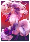 artist_name border breasts canid canine clawed_fingers cleavage clothed clothing commissioner_name english_text featureless_breasts featureless_crotch female fluffy fluffy_tail fox fur hair hi_res hogara horn inner_ear_fluff light_body light_skin long_hair mammal moon navel on_hind_legs pawpads paws purple_body purple_fur red_eyes screentone sharp_teeth signature smile solo tail tail_bead taur teeth text tuft under_boob white_body white_border white_fur white_hair