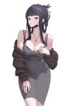  1girl barcode barcode_tattoo black_bra black_hair black_jacket black_mask black_nails blunt_bangs bra bra_slip breasts cleavage commentary covered_navel cowboy_shot d_(killer_wife)_(nikke) d_(nikke) dress goddess_of_victory:_nikke grey_background grey_dress hair_intakes hand_on_own_chest hand_up herfstijl highres jacket jewelry large_breasts long_hair looking_at_viewer mask mask_around_neck mouth_mask necklace off_shoulder parted_lips red_eyes simple_background solo tattoo underwear 