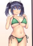  1girl absurdres bare_arms bare_legs bare_shoulders bikini blue_eyes blue_hair blush breasts collarbone cowboy_shot green_bikini grin hair_between_eyes highres kantai_collection kuromayu large_breasts long_hair navel open_mouth side-tie_bikini_bottom smile solo souryuu_(kancolle) swimsuit twintails 