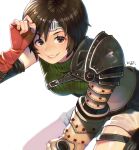  1girl belt_buckle black_hair breasts brown_eyes brown_hair buckle commentary_request cowboy_shot cropped_sweater final_fantasy final_fantasy_vii final_fantasy_vii_rebirth final_fantasy_vii_remake fingerless_gloves gloves green_sweater hand_up headband highres kuzuno_ha lips looking_at_viewer medium_breasts parted_lips short_hair shorts shoulder_belt signature simple_background single_shoulder_pad sleeveless sleeveless_turtleneck smile solo sweater thigh_strap turtleneck turtleneck_sweater white_background yuffie_kisaragi 