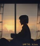  1girl commentary dated english_commentary from_side highres indoors kopianget original profile short_hair sitting solo sunrise window window_blinds 