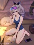  1girl alternate_costume bare_legs barefoot bedroom blue_one-piece_swimsuit book breasts caelus_(honkai:_star_rail) character_doll cleavage collarbone commentary_request eyewear_on_head feet food game_console grey_eyes grey_hair highres holding holding_food holding_popsicle honkai:_star_rail honkai_(series) long_hair looking_at_viewer medium_breasts nail_polish on_ground one-piece_swimsuit open_book ponytail popsicle purple_nails school_swimsuit silver_wolf_(honkai:_star_rail) sitting skirt solo swimsuit thighhighs toenail_polish toenails toes trailblazer_(honkai:_star_rail) wariza yunkaiming 
