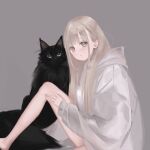  1girl bare_legs barefoot black_cat blonde_hair blush brown_eyes cat closed_mouth from_side grey_background hand_on_own_leg highres hood hood_down hoodie light_brown_hair long_hair long_sleeves looking_at_viewer original shikishima_(eiri) simple_background sitting solo white_hoodie 