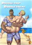  2boys :d ass bara beach bodysuit bulge bulge_to_ass carrying carrying_person character_request cover cover_page dark-skinned_male dark_skin diving_suit doujin_cover facial_hair feet_out_of_frame goatee highres interracial large_pectorals lupin_barnabi male_focus mature_male multiple_boys muscular muscular_male paid_reward_available pectorals pokemon pokemon_(creature) sand short_hair smile standing tearing_clothes thick_eyebrows torn_clothes wetsuit yaoi 
