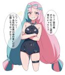  1girl blue_hair cowboy_shot crossed_arms hair_ornament highres iono_(pokemon) kamidan long_hair looking_at_viewer multicolored_hair pink_hair pokemon pokemon_sv school_swimsuit sharp_teeth smile solo speech_bubble split-color_hair swimsuit teeth translation_request two-tone_hair 