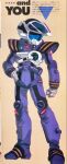  1990s_(style) 1boy artist_request booklet boots emblem gloves helmet looking_to_the_side machinery macross macross_vf-x official_art pilot pilot_suit retro_artstyle scan science_fiction spacesuit traditional_media translation_request u.n._spacy 