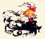  1girl ascot black_vest blonde_hair darkness hair_ribbon lowres outstretched_arms pixel_art red_ascot red_eyes ribbon rumia short_hair skirt skirt_set solo spread_arms tea_basira touhou vest white_background 