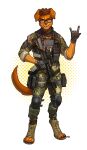 2024 absurd_res american_flag anthro assault_rifle boots brown_body brown_eyes brown_fur camo camo_clothing camo_print canid canine canis clothing devil_horns_(gesture) digitigrade digitigrade_boots domestic_dog eyebrows footwear fur gesture gloves gun hand_gesture handwear hi_res knee_pads looking_at_viewer male mammal pattern_clothing pgm300 pouches ranged_weapon rifle scope shoes solo teeth toeless_footwear toeless_shoes united_states_of_america weapon