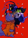  2boys animal_ears barefoot black_footwear black_sclera body_fur button_eyes card cat_ears cat_tail chess_piece coat colored_sclera colored_skin deltarune demon_tail face-to-face fangs floating floating_object fur-trimmed_coat fur_trim furry furry_male hat heart highres jester_cap jevil key male_focus multiple_boys neck_ruff no_nose orange_coat pants playing_card pointy_ears purple_fur purple_pants purple_skin red_background seam_(deltarune) simple_background smile spade_(shape) standing tail upside-down y_o_u_k_a 