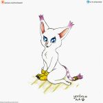 anthro bandai_namco butt claws claws_out cute_expression cute_eyes digimon digimon_(species) felid feline female fur gatomon hi_res mammal patreon_username sitting sitting_on_ground smile smiling_at_viewer solo tail text yordraw