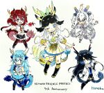  5girls animal_ears anniversary black_dragon_(kemono_friends) black_hair blue_dragon_(kemono_friends) blue_eyes blue_hair boots coat dragon_girl dragon_horns dragon_tail extra_ears gloves grey_eyes highres honoka3049 horns kemono_friends kirin_(kemono_friends) long_hair looking_at_viewer multicolored_hair multiple_girls necktie one_eye_closed red_dragon_(kemono_friends) red_eyes red_hair shirt short_hair simple_background skirt sleeveless tail thighhighs white_coat white_dragon_(kemono_friends) white_hair 