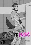 1boy absurdres animal_ears ass back_hair bara bathroom beard body_fur cover cover_page doujin_cover facial_hair feet_out_of_frame from_side full_beard greyscale grin hairy highres huge_eyebrows looking_at_viewer lupin_barnabi male_focus mature_male monochrome monster_prom muscular muscular_male nipple_hair pectorals peeing penis presenting_ass scott_howl smile solo standing tail tail_wagging thick_arm_hair thick_ass_hair thick_beard thick_chest_hair thick_leg_hair toilet_use very_hairy werewolf wolf_boy wolf_ears wolf_tail 