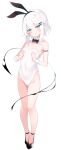  1girl animal_ears bare_legs bare_shoulders blue_eyes blush collarbone covered_navel fake_animal_ears full_body highres leotard long_hair looking_at_viewer original otokuyou rabbit_ears ringo-chan_(danshi_koukousei) short_hair simple_background solo standing white_background white_hair white_leotard 