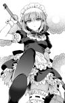  1girl apron artoria_pendragon_(fate) breasts bucket carnival_phantasm closed_mouth dress expressionless fate/stay_night fate_(series) frills greyscale hanabana_tsubomi highres holding holding_bucket holding_mop looking_at_viewer maid maid_headdress monochrome mop puffy_short_sleeves puffy_sleeves saber_alter short_sleeves sidelocks small_breasts solo stepped_on thighhighs wrist_cuffs 
