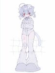  1girl @_@ ahoge animal_ears bandaid bandaid_on_leg blush bound bound_arms cat_ears cat_girl cat_tail chestnut_mouth commentary_request crossed_bandaids film_grain full_body gauze gauze_on_knee grey_footwear grey_hair grey_tail hair_between_eyes hair_intakes hands_up harness highres leg_warmers leotard long_sleeves medium_hair open_mouth original pigeon-toed red_eyes self-harm_scar short_twintails single_thighhigh slippers solo standing straitjacket tail thighhighs twintails upa_papa_co white_background white_leotard white_thighhighs 