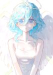  1girl angel angel_wings bare_arms blue_eyes blue_hair breasts collarbone commentary crying crying_with_eyes_open dress english_commentary feathered_wings furina_(genshin_impact) genshin_impact halo heterochromia highres looking_at_viewer malfuncio medium_hair parted_lips simple_background small_breasts solo tears upper_body white_background white_dress wings 