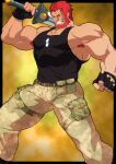  1boy abs armpit_hair ass_visible_through_thighs bara beard biceps black_gloves black_tank_top blush bulge camouflage camouflage_pants cum dark-skinned_male dark_skin dog_tags facial_hair fate/extella fate/extella_link fate/extra fate/grand_order fate_(series) feet_out_of_frame fingerless_gloves gloves highres iskandar_(fate) kito_(clamp5656) large_pectorals legs_apart male_focus mature_male muscular muscular_male navel nipple_slip nipples official_alternate_costume over_shoulder paid_reward_available pants pectorals pubic_hair red_eyes red_hair short_hair sidepec solo sword sword_over_shoulder tank_top thick_thighs thighs weapon weapon_over_shoulder 