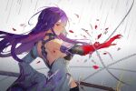  1girl absurdres acheron_(honkai:_star_rail) bare_back bare_shoulders chain coat commentary highres honkai:_star_rail honkai_(series) long_hair looking_at_viewer obsession petals purple_hair rain red_eyes solo upper_body very_long_hair white_coat 