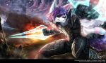 5:3 anthro arkee armor bared_teeth black_nose canid clothed clothing energy_sword english_text fur glistening glistening_eyes green_eyes hair holding_object holding_sword holding_weapon male mammal melee_weapon penguinexperience purple_body purple_fur purple_hair short_hair signature solo standing sword text url weapon white_body white_fur