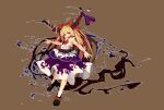  1girl belt black_footwear blonde_hair bow brown_background dark dress hair_bow horn_ornament horn_ribbon horns ibuki_suika oni pixel_art purple_dress ribbon shirt solo tea_basira touhou white_shirt yellow_eyes 