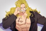  1boy abs black_jacket blonde_hair blue_eyes collarbone edward_newgate facial_hair hair_intakes hand_on_own_face highres jacket lapels long_hair long_mustache lower_teeth_only male_focus muscular muscular_male mustache nipples notched_lapels one_piece open_clothes open_jacket pectorals scar scar_on_chest smile solo suit_jacket teeth twitter_username upper_body vamos_mk white_background white_facial_hair 