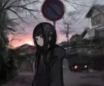  1girl arms_at_sides black_eyes black_hair black_hoodie blunt_bangs blush car chuhaibane closed_mouth cloud cloudy_sky evening expressionless from_side highres hood hood_down hoodie house long_hair looking_at_viewer motor_vehicle one_side_up original outdoors power_lines road_sign sidelocks sign sky solo upper_body utility_pole 