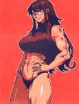  1girl abs absurdres bare_arms bare_legs black_panties black_tank_top breasts brown_eyes brown_hair curly_hair glasses hand_on_own_hip highres large_breasts long_hair looking_at_viewer muscular muscular_female orange_background original panties pixel_art spoiledmuffin standing tank_top thick_thighs thighs underwear 