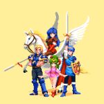  2boys 2girls black_pants blonde_hair blue_footwear blue_hair boots caeda_(fire_emblem) fire_emblem fire_emblem:_mystery_of_the_emblem forehead full_body head_tilt highres holding holding_sword holding_weapon horse long_hair looking_at_viewer marth_(fire_emblem) multiple_boys multiple_girls ogma_(fire_emblem) pants pegasus pixel_art pixelflag red_footwear shield short_hair smile sword tiki_(fire_emblem) tiki_(young)_(fire_emblem) weapon 