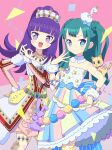  2girls :d bare_shoulders belt bird bird_hair_ornament blue_eyes blue_gemstone blunt_bangs blunt_ends cat cowboy_shot detached_sleeves dress frilled_skirt frills fur-trimmed_dress fur_collar fur_cuffs fur_shirt fur_trim gem gold_necklace green_gemstone green_hair hair_ornament hanazono_shuka hand_on_own_hip hand_up idol_clothes idol_time_pripara jewelry ku_(residual666) long_hair looking_at_viewer multiple_girls necklace ok_sign open_mouth pink_background pleated_skirt ponytail pretty_series pripara purple_eyes purple_hair rabbit skirt smile standing striped_clothes striped_skirt swan tiara tsukikawa_chili two_side_up vertical-striped_clothes vertical-striped_skirt 