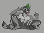 abs anthro clothed clothing gesture grey_background greyscale hand_gesture male mammal middle_finger monochrome muscular muscular_male pecs piercing procyon_(redsummer) procyonid raccoon redsummer simple_background solo tongue tongue_out tongue_piercing topless