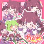  &gt;_&lt; 2girls :3 :q animal_ears black_ribbon black_skirt blunt_bangs boots border bow bowtie cevio chibi claw_pose closed_mouth collared_shirt finger_counting food-themed_brooch green_footwear green_shorts hair_ribbon highres jacket long_hair long_sleeves looking_at_viewer mole mole_under_eye multicolored_clothes multicolored_eyes multicolored_jacket multiple_girls multiple_views natsuki_karin nekomo_(yumenkmc) one_eye_closed open_mouth outline outside_border paw_pose pink_background pink_border plaid plaid_background pleated_skirt purple_bow purple_bowtie purple_eyes purple_jacket recurring_image red_eyes ribbon school_uniform shirt shorts skirt smile song_name sparkle strawberry_brooch suspender_shorts suspenders synthesizer_v tail tongue tongue_out twintails two-tone_jacket v v-shaped_eyebrows voicevox white_outline white_shirt white_sleeves wolf_ears wolf_tail yellow_eyes zundamon 