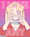  1girl beatrice_reden blonde_hair copyright_name gradient_background heart heart-shaped_pupils heart_hands highres i_love_amy long_hair looking_at_viewer one_eye_closed pink_background puckered_lips purple_background red_sweater shirt solo straight-on sweater symbol-shaped_pupils twintails unn1666 upper_body white_shirt 