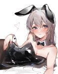  1girl animal_ears bare_shoulders blue_pupils blush bow bowtie breasts cleavage detached_collar firefly_(honkai:_star_rail) grey_hair hair_between_eyes hand_on_own_hip heart highres honkai:_star_rail honkai_(series) kbnimated long_hair lying medium_breasts on_side playboy_bunny rabbit_ears smile thighhighs two-tone_eyes upper_body wide_hips wrist_cuffs 
