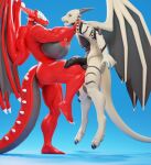 3d_(artwork) anthro areola ballbusting balls big_breasts biped black_penis breasts cock_and_ball_torture connivingrat digital_media_(artwork) dog_knight_rpg dominant dominant_female dragon duo female genital_torture genitals half-erect huge_breasts kicking_balls male male/female multicolored_body mythological_creature mythological_scalie mythology nipple_piercing nipples nude penis piercing rithe scalie simple_background standing