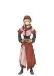  1boy atelier-moo belt blonde_hair braid closed_mouth full_body goggles goggles_on_head grey_swift hair_between_eyes hands_on_own_hips hat long_sleeves looking_at_viewer red_headwear simple_background solo standing white_background wizards_symphony yellow_eyes 