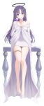  1girl absurdres alternate_costume arm_support bare_legs bare_shoulders blue_archive breasts cocktail_glass collarbone cup dress drinking_glass full_body halo head_tilt highres holding holding_cup light_smile long_hair looking_at_viewer medium_breasts off-shoulder_dress off_shoulder purple_hair simple_background solo soo_ou thigh_strap very_long_hair white_background white_dress white_footwear yuuka_(blue_archive) 