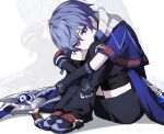  1boy black_footwear black_gloves black_shorts capelet elbow_gloves elsword fingerless_gloves gloves hair_between_eyes hashtag_only_commentary highres look_128 looking_at_viewer male_focus noah_ebalon purple_capelet purple_eyes purple_hair shoes short_hair shorts sickle sitting solo weapon white_background 