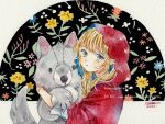  1girl 2022 artist_name blonde_hair cloak dated floral_background flower hntaa holding holding_stuffed_toy hood hood_up hooded_cloak long_hair looking_at_viewer original painting_(medium) red_hood signature solo stuffed_animal stuffed_toy stuffed_wolf traditional_media twitter_username upper_body watercolor_(medium) yellow_eyes yellow_flower 