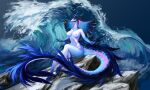 absurd_res anthro breasts female fish hi_res hisade horn humanoid hybrid marine membrane_(anatomy) nature nature_background nipples nude reptile rock scalie sea sitting snake solo tail tongue tongue_out water