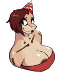 anthro areola areola_slip blaxat blep breasts brown_areola brown_hair brown_spots cleavage clothed clothing dress female forked_tongue hair hat headgear headwear hi_res markings party_hat reptile scales scalie simple_background smile snake solo spots spotted_body spotted_markings spotted_scales tan_body tan_scales tongue tongue_out white_background wide_eyed