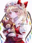  1girl ascot blonde_hair crystal flandre_scarlet hat hat_ribbon highres holding mob_cap multicolored_wings one_side_up puffy_short_sleeves puffy_sleeves red_eyes red_skirt ribbon short_sleeves side_ponytail skirt skirt_set solo stuffed_animal stuffed_toy suzushina teddy_bear touhou twitter_username white_background white_headwear wings yellow_ascot 