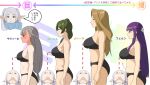 5girls :t bare_shoulders black_bra black_panties blonde_hair blue_eyes blush bra braid breasts commentary_request earrings elf fern_(sousou_no_frieren) frieren from_side full-face_blush green_eyes green_hair grey_hair highres jewelry large_breasts lawine_(sousou_no_frieren) light_brown_hair long_hair medium_breasts medium_hair methode_(sousou_no_frieren) multiple_girls panties plump pointy_ears pout purple_eyes purple_hair side_ponytail small_breasts sousou_no_frieren speech_bubble translation_request twintails ubel_(sousou_no_frieren) underwear underwear_only very_long_hair white_hair yami_anko 
